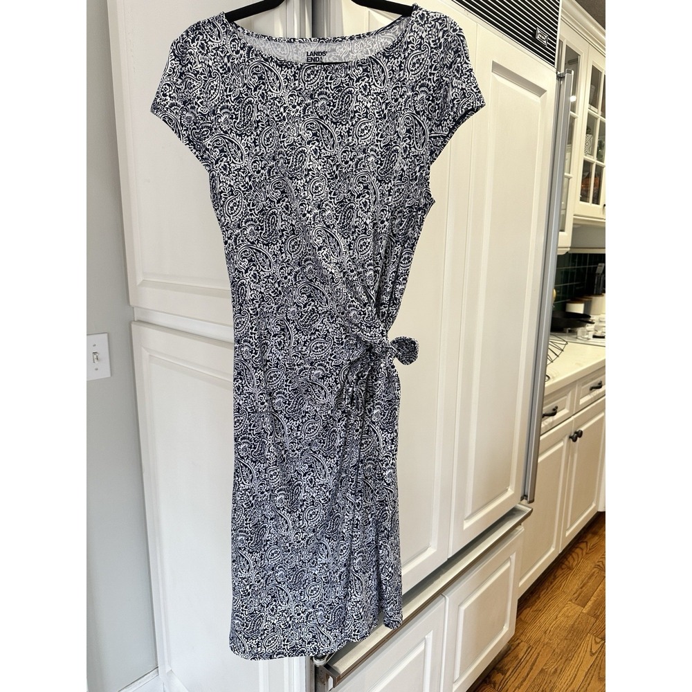 Lands End Midi Dress Women Medium 10-12 Navy/White Paisley Faux Wrap Jersey Flow